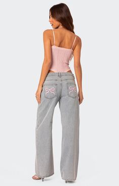 Edikted Bow Pocket Relaxed Jeans | PacSun Jeans With Bows On Pockets, Pacsun Outfits, Bow Pants, Senior Jeans, Bow Jeans, Jeans Pacsun, Pocket Embroidery, Fall Pants, Pacsun Jeans