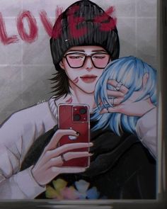 a painting of a woman holding a cell phone in front of a graffiti covered wall