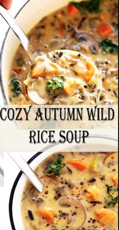 two images showing different types of soup in white bowls with text overlay that reads cozy autumn wild rice soup