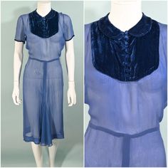 Vintage 30s Blue Chiffon & Velvet Dress, Peter Pan Collar Short Sleeve Dress M | eBay Blue Sheer Daywear Dresses, Blue Sheer Dress For Daywear, Elegant Blue Vintage Dress For Daywear, Vintage Blue Sheer Dress, Vintage Sheer Blue Dresses, Blue Sheer Vintage Dress, Thirties Fashion, Dress Peter Pan Collar, Vintage 1930s Dress