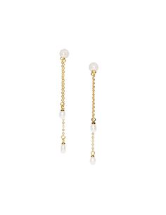 Water Resistant💧 Brass 18K Gold and Pearls Handmade Hypoallergenic Nickel Free SIZE: Length- Front 43mm, Back 24mm Closure: Ear Post DESIGNER NOTE These exquisite Pearl Drop Earrings are a symbol of timeless elegance and sophistication. Featuring lustrous freshwater pearls delicately suspended from dainty gold chains and a dainty pearl stud, these earrings effortlessly add a touch of grace and refinement to any outfit, making them a perfect choice for special occasions or everyday chic Luxury Pearl Drop Linear Earrings For Gift, Luxury Minimalist Pearl Charm Earrings, Classic White 14k Gold Earrings, Classic Gold Plated Linear Pierced Earrings, Classic Yellow Gold Drop Earrings, Elegant Gold Plated Linear Earrings For Anniversary, Classic Linear Earrings As Gift, Classic Yellow Gold Drop Pearl Earrings, Refined Gold Jewelry With Matching Earrings