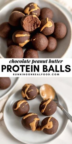 chocolate peanut butter protein balls on a plate