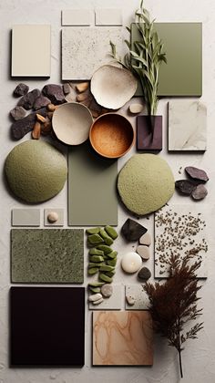 an assortment of different colors and shapes on a white surface with rocks, pebbles, plants, and other items