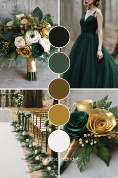 green and gold wedding color palettes for the bride's bouquet, bridal gown