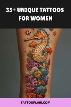 a woman's leg with tattoos on it and the words, 35 unique tattoos for women