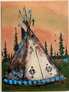 a painting of a teepee with blue feathers and birds on it's tip