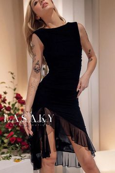 Lasaky - Asymmetrical Sleeveless Mesh Ruffle Ruched Bodycon Party Midi Dress Nikka Wedding, Cherry Christmas, Romantic Date Night, Elegante Y Chic, Gathered Bodice, Ruffle Midi Dress, Romantic Date, Empire Waistline, Linnet