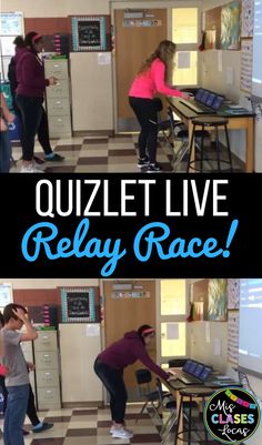 two people standing in front of refrigerators with the words quizlet live relay race