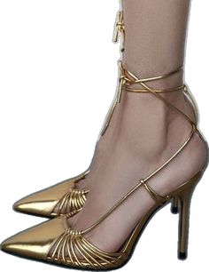 Gold Heels For Spring Evening, Gold Heels With 4-inch Heel For Event, Gold Heels For Spring Formal, Gold High Heel Spring Heels, Gold Heels For Formal Spring Occasions, Gold Party Heels With 4-inch Heel, Gold Pointed Toe Heels For Summer, Gold 4-inch Heels For Party, Gold Heels With Wrapped Heel For Parties