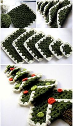 crocheted christmas tree coasters made with green and white yarn