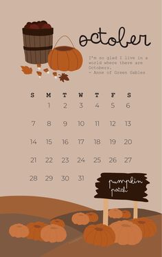 an october calendar with pumpkins and a barrel