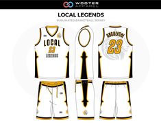 the basketball uniform for local legends is shown in white, yellow and black colors