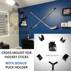 the hockey themed room is clean and ready to be used for sports memorabilia or gifts