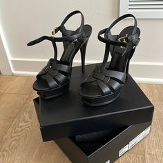 Excellent Condition Worn 2x Authentic No Scratches High-end Open Toe Leather Heels, High-end Leather Open Toe Heels, Saint Laurent Black Heels, Yves Saint Laurent Shoes, Leather Sandals, Shoes Women Heels, Yves Saint Laurent, Shoes Heels, Saint Laurent