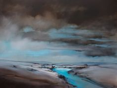 an oil painting of a river running through a field under a dark sky with clouds