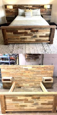 the bed frame is made out of pallet wood and has two drawers on each side