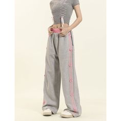 Retro Bow Sweatpants Fabric: 72%Cotton+28%Polyester Size: S, M, L, XL, Multiple Color Selections: Blue, Gray  Season: Spring, Fall, Winter Spring Sporty Wide Leg Pants, Sporty Wide-leg Pants For Spring, Sporty Spring Pants, Sporty Full Length Bottoms For Spring, Sporty High-waisted Wide Leg Pants For Spring, Sporty Straight Pants For Spring, Gray Full-length Sweatpants For Spring, High Waist Gray Sweatpants For Spring, Gray Full Length Sweatpants For Spring