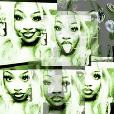 a collage of photos with the faces of two women in green and white colors