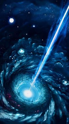 an artist's rendering of a black hole in the sky with a blue light coming from it