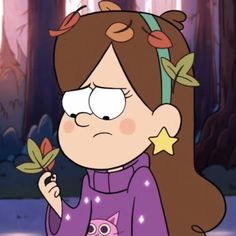 a cartoon girl holding a leaf in her hand and looking at the ground with an angry look on her face