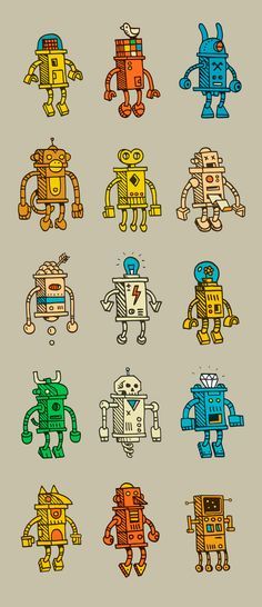 a bunch of cartoon robots that are all different colors and sizes, with one robot standing up