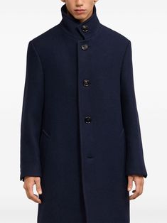 Find AMI High-neck Single-breasted Wool Coat on Editorialist. navy blue wool high neck front button fastening long sleeves buttoned cuffs two side welt pockets straight hem long length full lining Semi-formal Wool Outerwear With Button Cuffs, Blue Wool Coat With Lapel Collar, Business Peacoat With Button Cuffs And Long Sleeves, Business Peacoat With Button Cuffs, Tailored Peacoat With Button Closure And Long Sleeves, Tailored Long-sleeve Peacoat With Button Closure, Tailored Navy Outerwear With Concealed Placket, Blue Wool Coat With Button Closure For Business, Navy Button-up Business Outerwear