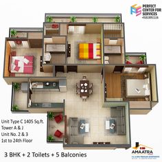 three bedroom apartment floor plan with 3 bathrooms