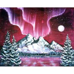 an acrylic painting of mountains and trees with the northern lights in the background