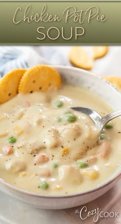 chicken pot pie soup with a mix of vegetables in a creamy broth. Easy Chicken Pot Pie Soup, Chicken Pot Pie Soup Recipe, Pot Pie Soup Recipe, Comfort Soup Recipes, Chicken Pot Pie Soup, Pot Pie Soup, Homemade Soup Recipe, Easy Chicken Pot Pie, Delicious Soup Recipes