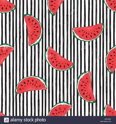 watermelon slices on black and white striped background seamless wallpaper or fabric