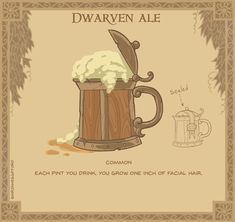 a beer mug with foam on it and a knife sticking out of the top that says, dwarven ale