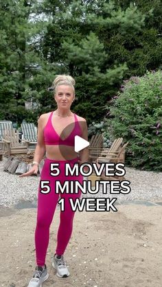 a woman is standing in front of some chairs with the words 5 moves five minutes 1 week