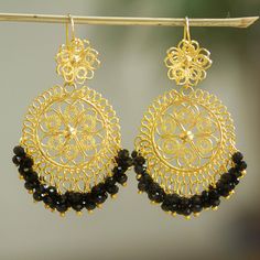 Working with 10k gold plated copper wire Donaji Salgado of Mexico creates these pretty filigree chandelier earrings. The earrings are accented with jet-black crystal beads that swing freely from the bottom. Valley Flowers, Baroque Art, Buy Gold, Black Crystals, Hook Earrings, Chandelier Earrings, 10k Gold, Jet Black, Copper Wire