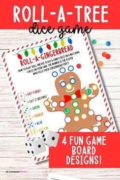 the roll - a - tree christmas game is shown with dices and candy canes