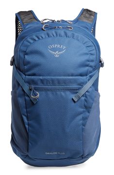 the osprey backpack is blue and has two zippers on the front pocket