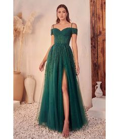 Emerald Glitter Tulle Off The Shoulder Applique Slit Gown - Unique Vintage - Womens, DRESSES, PROM AND SPECIAL OCCASION Emerald Green Tulle Bridesmaid Dresses, Green Textured Dress, Grad Dress Styles, Emerald Grad Dress, Mamma Mia Inspired Prom Dress, Green Prom Dress With Sleeves, Green Dress Corset, Prom Dresses Long Green