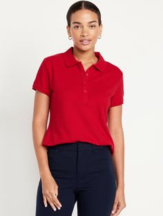 Rib-knit collar; short-sleeves.  Four-button placket.  Drop-tail hem, with vented sides.  Soft pique cotton, with comfortable stretch.  Fitted through body.  Women's polo hits below waist.  models are approx.  5'9" and wear sizes s (4), l (12), and xl (18)machine wash according to the care instruction label Red Polo Shirt Outfit Women's, Red Polo Shirt Outfit, Ivy League Style Women, Polo Shirt Outfit Women's, Polo Shirt Outfit, Polo For Women, Polo Shirt Outfits, Navy Uniforms, Red Polo Shirt