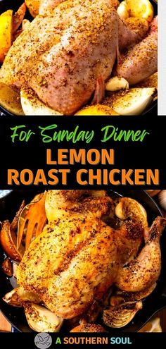 lemon roast chicken with potatoes and carrots on the side is shown in this postcard