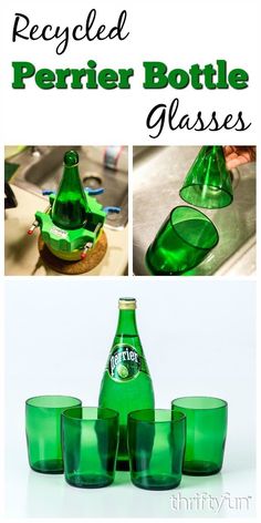 several pictures of green glass bottles with the words recycled perier bottle glasses