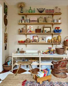 a room filled with lots of shelves and baskets on top of it's walls