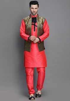 Art Silk Kurta in Coral RedThis Readymade attire is Enhanced with Buttons. Crafted in Chinese Collar Neck and Full SleeveAvailable with an Art Silk Churidar in Coral Red and an Art Brocade Silk Nehru Jacket in BlackDo note: Brooch and Footwear shown in the image is for presentation purposes only. Half to one inch may vary in measurement. (Slight variation in actual color vs. image is possible) We sell all kinds of menswear. Mens Kurta | Mens Kurta Pajama | Mens Sherwani | Mens Sherwani Sets | Tr Red Festive Sets For Winter, Festive Red Sets For Winter, Traditional Red Nehru Jacket With Long Sleeves, Red Traditional Nehru Jacket For Winter, Traditional Red Nehru Jacket For Winter, Traditional Red Outerwear With Stand Collar, Red Long Sleeve Nehru Jacket For Festivals, Festive Fitted Red Outerwear, Festive Red Fitted Outerwear