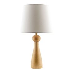 the wooden table lamp has a white shade on it's base and is made from wood