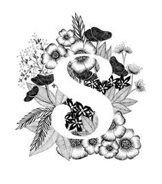 the number six is surrounded by flowers and leaves in black and white on a white background