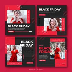 four black friday social media post templates with red and black squares on the front