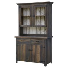 a wooden hutch with glass doors and drawers