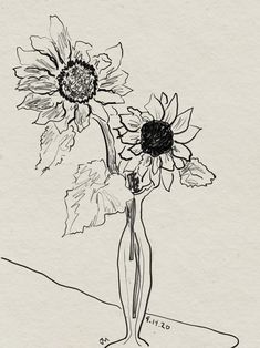 a black and white drawing of two sunflowers in a vase