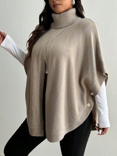 Plus Size Women's Solid Color Turtleneck Batwing Sleeve Loose Casual Sweater, Autumn/Winter Camel Casual  Half Sleeve Knitwear Plain Poncho Slight Stretch  Women Plus Clothing, size features are:Bust: ,Length: ,Sleeve Length: Khaki Sweater, Shapewear Tops, Ankle Socks Women, Sweater Autumn, Plus Size Fall, Coverup Skirt, Casual Sweater, Oversized Pullover, Seamless Leggings