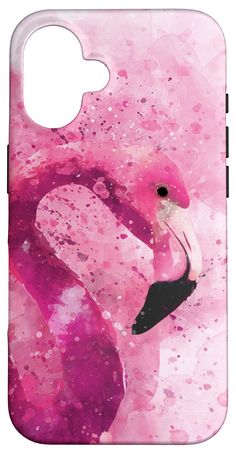 a pink flamingo phone case with watercolor paint splattered on the back