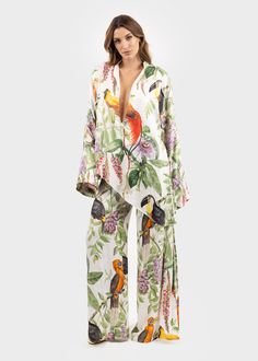 Queen Hera Tunic Top-niLuu Tropical Wear, Cupro Fabric, Classic Blouses, Tropical Bird, Silk Pants, Botanical Print, Wide Legs, Printed Pants, Bird Prints