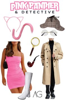 Non Traditional Halloween Costumes, Trench Coat Costume Halloween, Pink Panther Halloween Costume Women, Pink Panther Detective Costume, Out Of The Box Halloween Costumes, Trench Coat Halloween Costumes, Costume Women Creative, Pink Costume Ideas Halloween, Pink Halloween Costumes Women